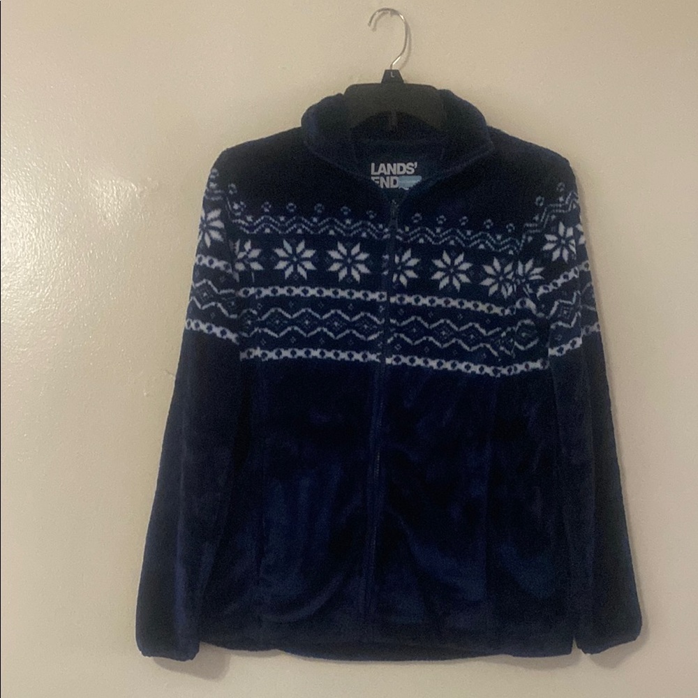 Lands' End Blue and White Zip Up Sweater with Nordic Patterns